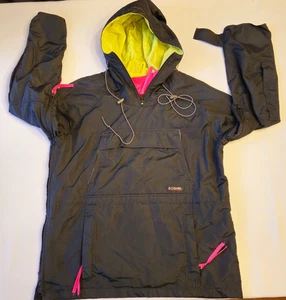 Vintage Columbia Neon-Lined Black Pullover Rain Parka | Hooded Windbreaker M - Picture 1 of 11