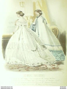 Gravure Modes Parisiennes 1865 # 1181 (aquarelle au pochoir) Old Fashion plate - Imagen 1 de 1