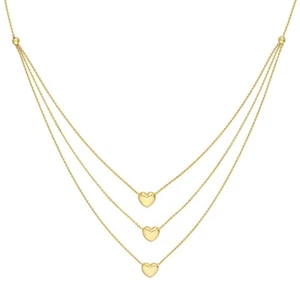 Adjustable Triple Strand Puffed Heart Chain Necklace Real 14K Yellow Gold 18" - Picture 1 of 2