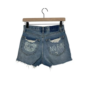 ABERCROMBIE & FITCH Annie High Rise Denim NO FUN Graffiti Distressed Shorts 24 - Picture 1 of 18