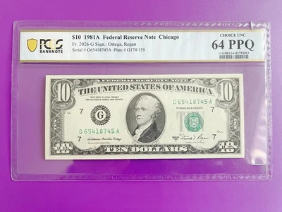 $10 1981 ((CHICAGO)) FEDERAL RESERVE NOTE CHOICE UNC BU NOTE***PCGS 64 PPQ*** - Image 1 of 3