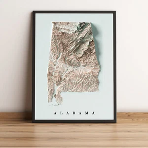 Alabama Map, Alabama 2D Relief Map, Alabama Vintage Map - 2D Flat Print - Picture 1 of 8