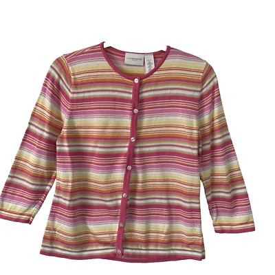 Liz Claiborne Rainbow Striped Cardigan Sweater M Petite 3/4 Sleeve Pink White - Image 1 of 4