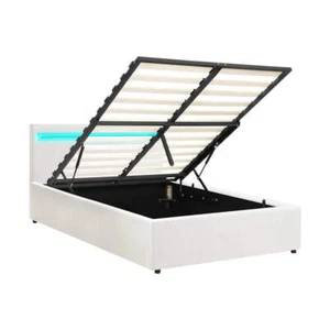 Oikiture Bed Frame RGB LED King Single Gas Lift Storage Base White - Picture 1 of 7