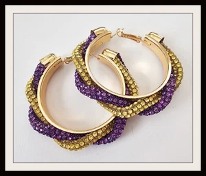 Purple Gold Crystal Hoop Earrings Chunky Twisted 2.25" Mardi Gras Hoops New - Picture 1 of 2