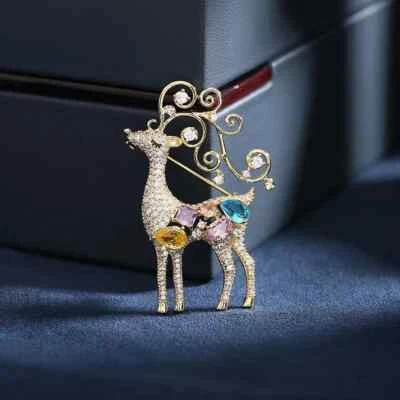Fashion Forest Deer Brooch Enamel Crystal Rhinestone Party Coat Pin Gift — 第 1/4 张图片