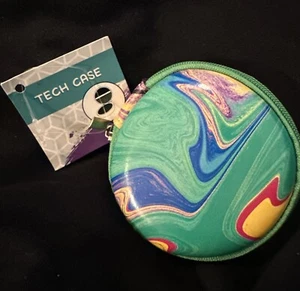 Tech Case - Earbuds Case - Hard Sides - Zipper - Cord Storage - Teal Marble - Picture 1 of 2