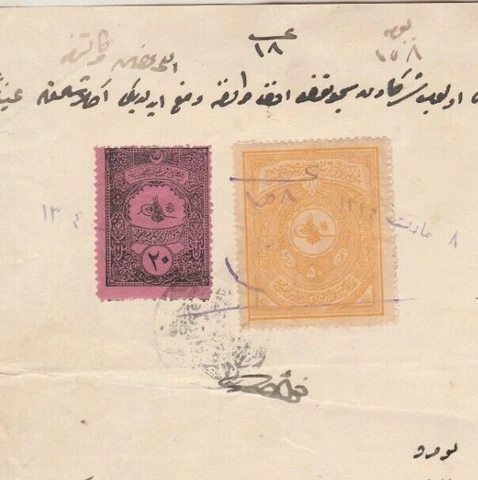 TURKEY Rare Ottoman Empire Revenues 20para & High Value 50 piasters Doc. 1908 Cover