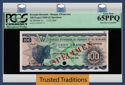 TT PK 5s 1960-62 RWANDA-BURUNDI 100 FRANCS SPECIMEN ZEBU PCGS 65 EPQ GEM NEW - Image 1 of 2