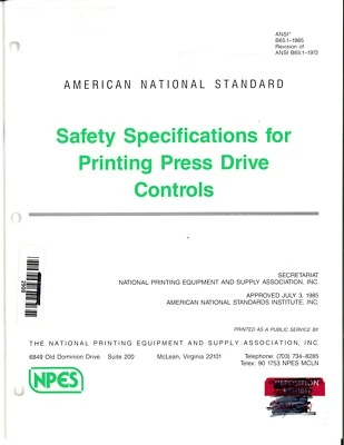 ANSI B65.1-1985 - Safety Specifications for Printing Press Drive Controls - Image 1 of 3