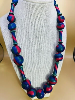 Blue, Pink, Green and Purple, Clay and Wood Beaded Chunky 23”Necklace - Image 1 of 4