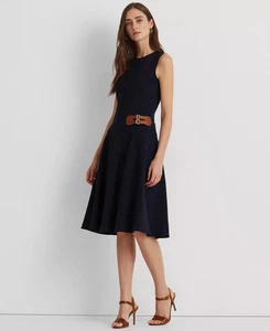 LAUREN Ralph Lauren L18216 Navy Buckle-Trim Sleeveless Ponte Dress 6 - Picture 1 of 4
