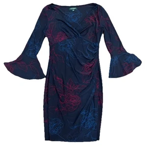 Lauren Ralph Lauren Dress Women Ruched Sheath Sz 10 Cocktail Bell Sleeve Bodycon - Picture 1 of 8