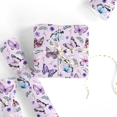 Floral Butterfly Wrapping Paper -Mini Roll- 17 Inch X 32.8Ft Purple Flower Gift - Image 1 of 4