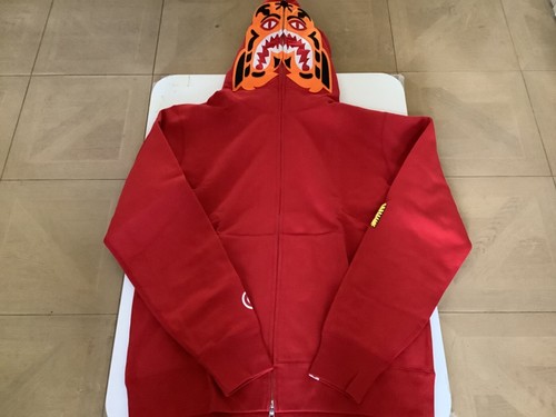 A BATHING APE (BAPE) Autentica felpa con cappuccio con cerniera completa a scimmia da bagno tigre rossa uomo XL nuovo squalo