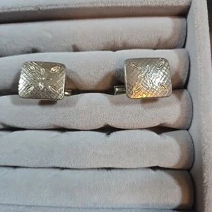 Vintage Stainless Steel Cufflinks Square With Geometric Floral Design 16mm - Picture 1 of 6