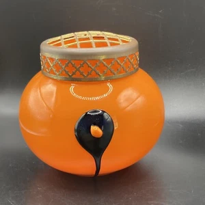 Art Deco Loetz TANGO Orange Art Glass Rose Bowl With Flower Frog Black 4.5” Tall - Picture 1 of 11