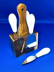 Cheese Knife Set 4 Stainless Steel Knives Porcelain Handles & Wood Stand - Picture 1 of 10