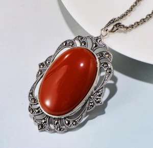 D11 Rimorchio Romantico Ovale Agata Rosso e Marcasite 925 Argento Sterling - Foto 1 di 6