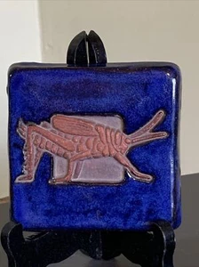Blue Glazed Wall Hanging Terra Cotta Art Studio Tile Insect Grasshopper Embossed - Picture 1 of 6