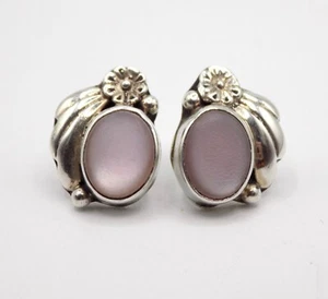 Vintage Navajo Sterling Silver ALV J Delgarito Pink MOP Flower Stud Earrings - Picture 1 of 4