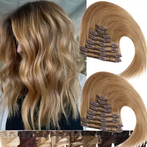 CLEARANCE Clip In 100% Real Remy Human Hair Extensions Ombre Full Head 8 Pieces - Picture 1 of 36