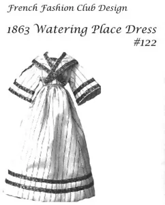 Französische Mode Bewässerung Platz Kleid 1863 Muster #122 für Puppe. - Bild 1 von 1