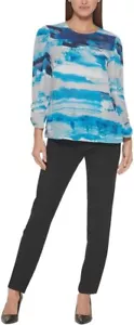 DKNY Womens Blouse Top Sheer Tie Dye Print Long Sleeves Blue Petites Size PXS - Picture 1 of 3