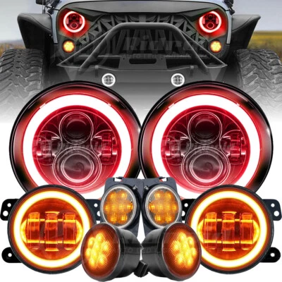 Red Halo 7'' LED Headlights 4" Fog Turn Fender Lights for Jeep Wrangler JK 07-18 - Image 1 of 4