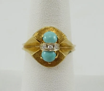 18K yellow gold ladies 7.5 sleeping beauty turquoise/diamond cocktail ring 3.6g - Image 1 of 4