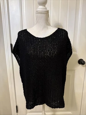 New EILEEN FISHER Bateau-neck Top Cap-sleeve Sweater In Black Sz L - Image 1 of 4