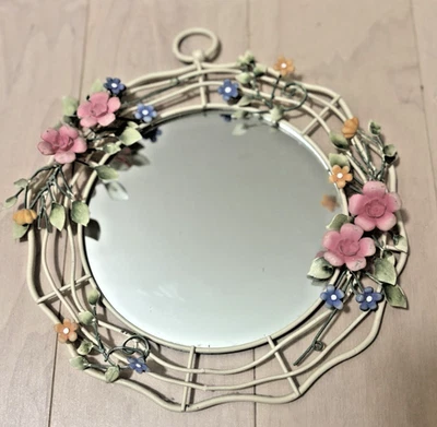 Espejo redondo vintage Tole floral 10" flores de metal Foto 1 de 4