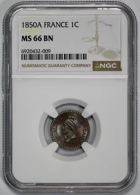 1850 A Francia 1 centavo NGC MS 66 BN Top Pop Foto 1 de 4