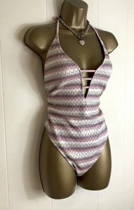 HOLLISTER STUNNING PINK WHITE MAUVE STRIPE SWIMSUIT SIZE M BNWT!! - Picture 1 of 5