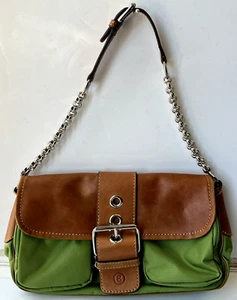 Borsa donna Bogner Y2K verde marrone pelle nylon tracolla fibbia argento catena - Foto 1 di 12
