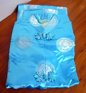 NOS NEW Asian LOTUS Satin Silk Kimono lounge Robe SMALL Costume Sz 38 Turquoise  - Picture 1 of 7