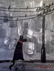 LOWRY DOG WATCHING BIRDS B Original Impressionist Oil Painting L S ROWLY 5X7 - Picture 1 of 2