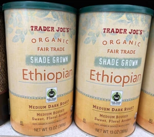 TRADER JOES ORGANIC FAIR TRADE SHADE GROWN ETHIOPIAN MEDIUM DARK ROAST! 13 oz 2 - Picture 1 of 2