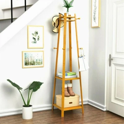 Stabil Garderobenständer Kleiderständer Garderobe Holz mit 3 Ablagen 8 Haken DHL - Bild 1 von 4