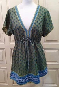 ✩Fab Vintage *EAST* Green & Blue Floral Hand Block Cotton Print Tunic Top 16✩ - Picture 1 of 5
