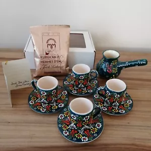 Turkish Ceramic Espresso Cups and Saucers Set with Pot and Turkish Coffee Gift - Picture 1 of 10