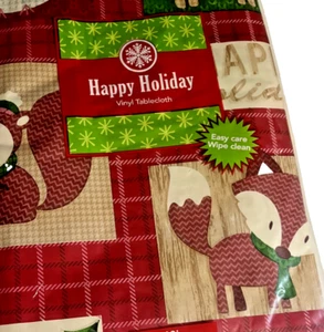 Christmas Fox Deer Squirrel Owl Vinyl Tablecloth Flannel Backed Holiday 52x70" - Picture 1 of 3