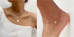 Combined Boho hippie Beaded Choker Necklace Gold And Shell Rice Anklet Colour - Picture 1 of 14