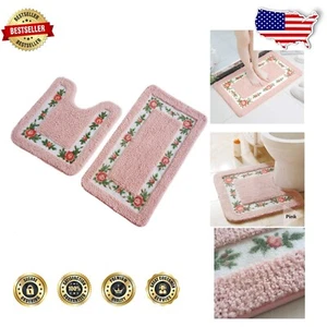 Fashionable Floral Rose Non-Slip Bath Shower Mat & U-Shaped Rug Set - 2 Pieces - Picture 1 of 11
