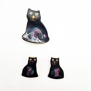 Artisan Studio Black Cat Brooch Pin Earrings Set Porcelain Ceramic Handmade