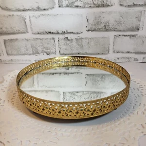 Verspiegelt Vintage Parfüm Make-up Gold Filigran Rund Lazy Susan Kosmetik Tablett 7,5" - Bild 1 von 9