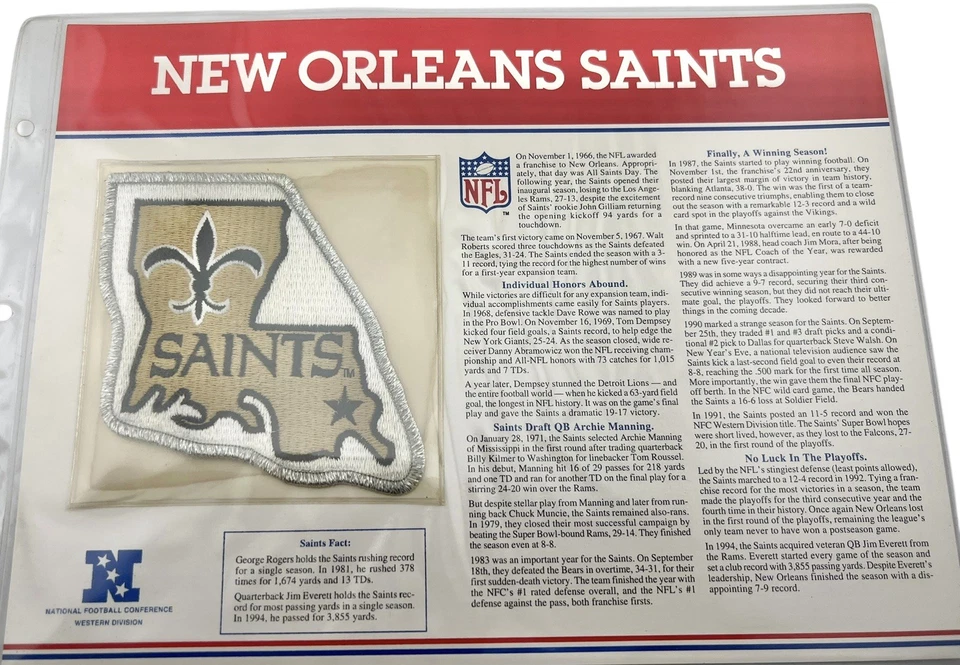 Vintage 1995 New Orleans Saints NFL Football Patch Willabee & Ward On 12” Card - Image 1 of 4