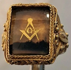 Anello antico cinese argento sterling oro filigrana dorata MASSONICO regolabile AGATA - Foto 1 di 11