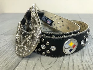 Pittsburgh Steelers Black NFL Leather Belt Rhinestone Bedazzled Bling Size Small - Picture 1 of 7