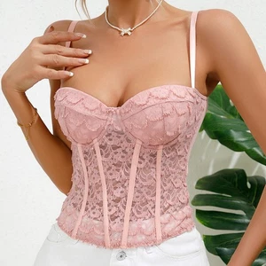 V-neck tank top for women Sweet and spicy lace sexy see-through fishbone waist - Picture 1 of 6